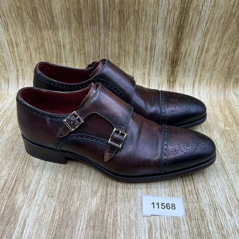 Magnanni Double Monk Strap Men's Size 9 Dark Brown Brogue Cap Toe Leather Spain